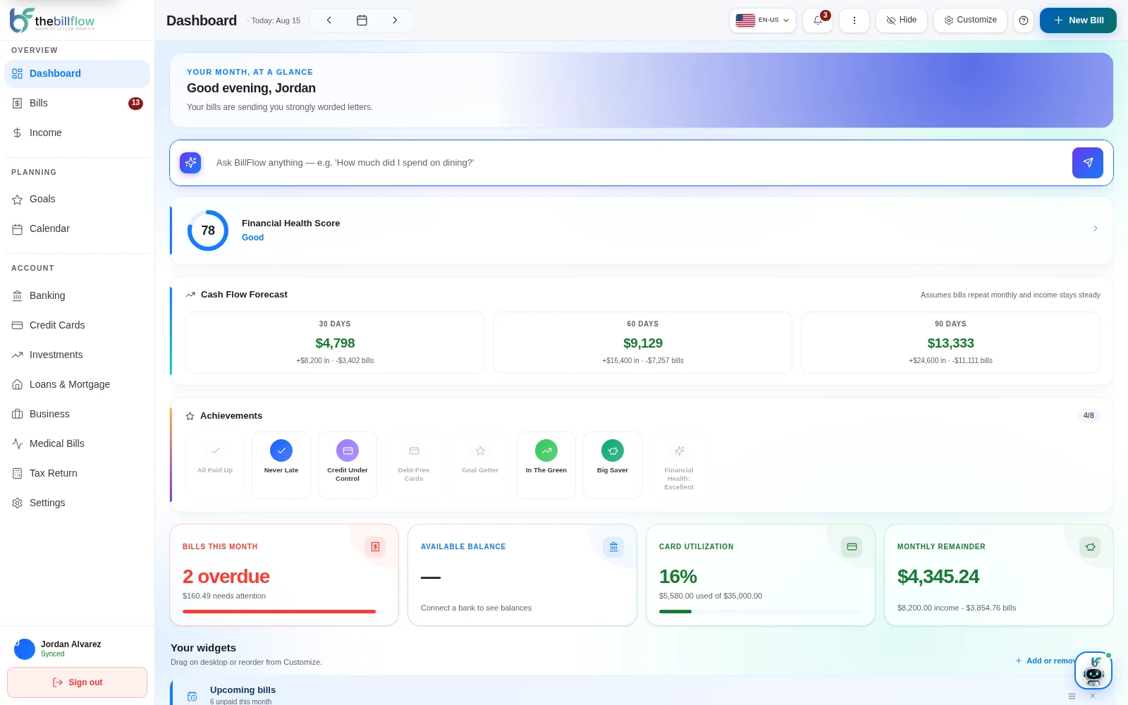 BillFlow Dashboard screen