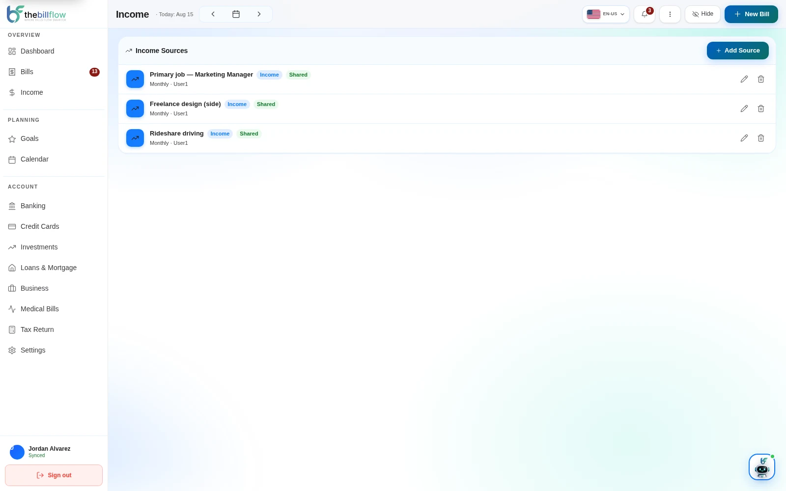 BillFlow Income screen showing multiple income sources