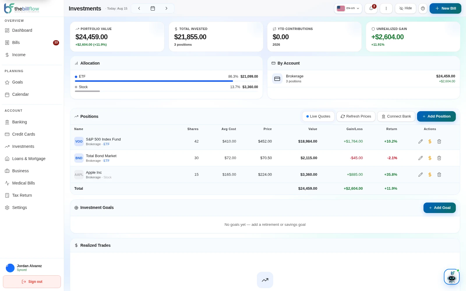 BillFlow Investments screen