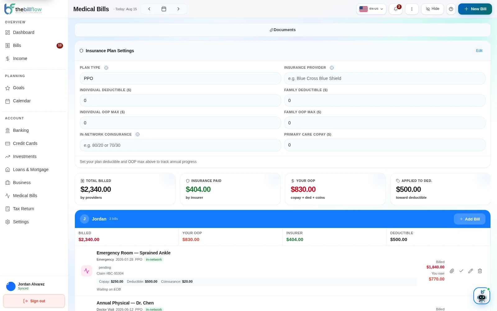 BillFlow Medical Bills screen with insurance tracking and documents