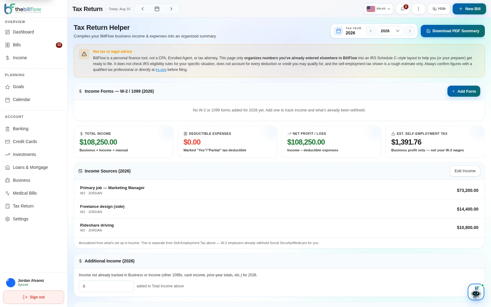 BillFlow Tax Return Helper screen
