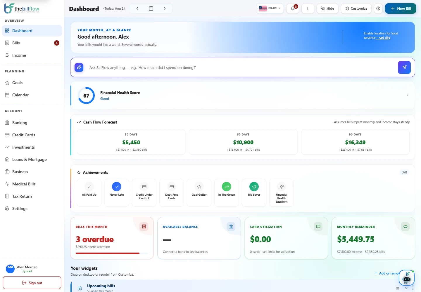 BillFlow dashboard with fictional income, bills and cash flow forecasts