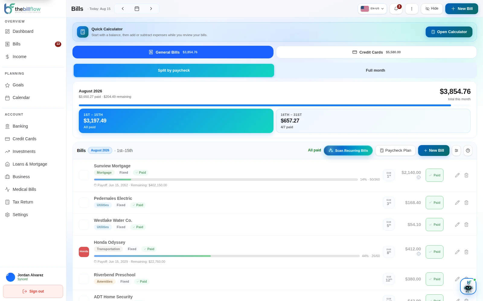 BillFlow bills page showing fixed, variable, and installment bills with due dates and status