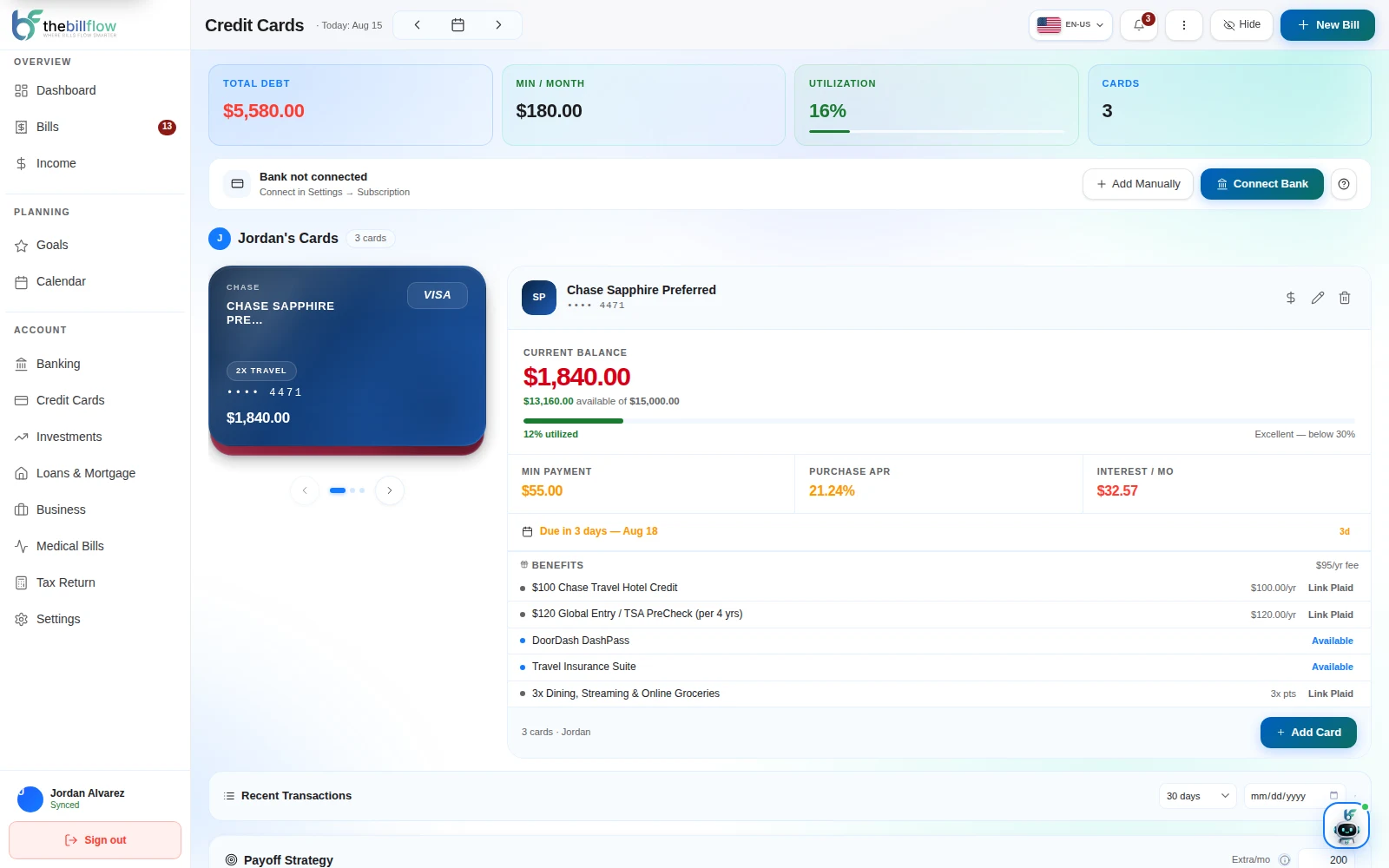 BillFlow credit card payoff strategy comparing Avalanche and Snowball methods
