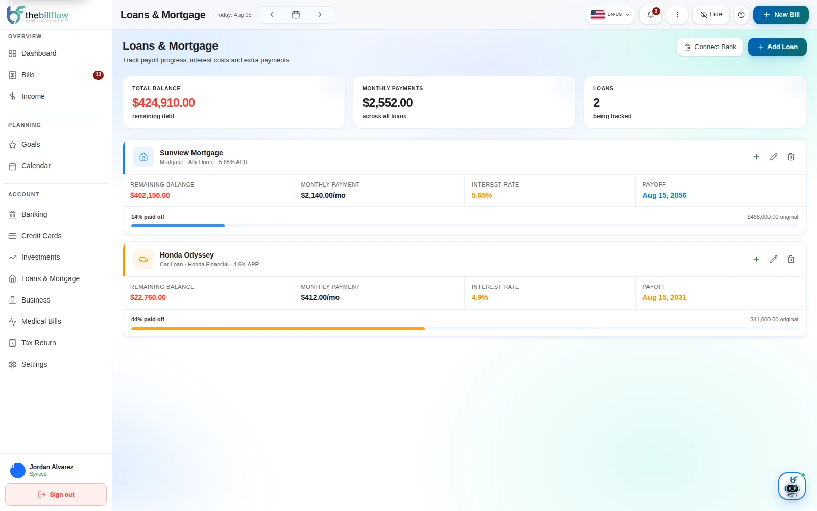 BillFlow loans page showing mortgage and car loan balances, payments, and payoff dates