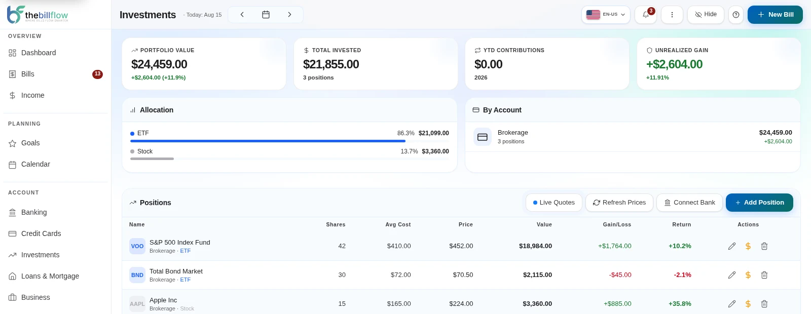 BillFlow investments overview showing portfolio value and allocation