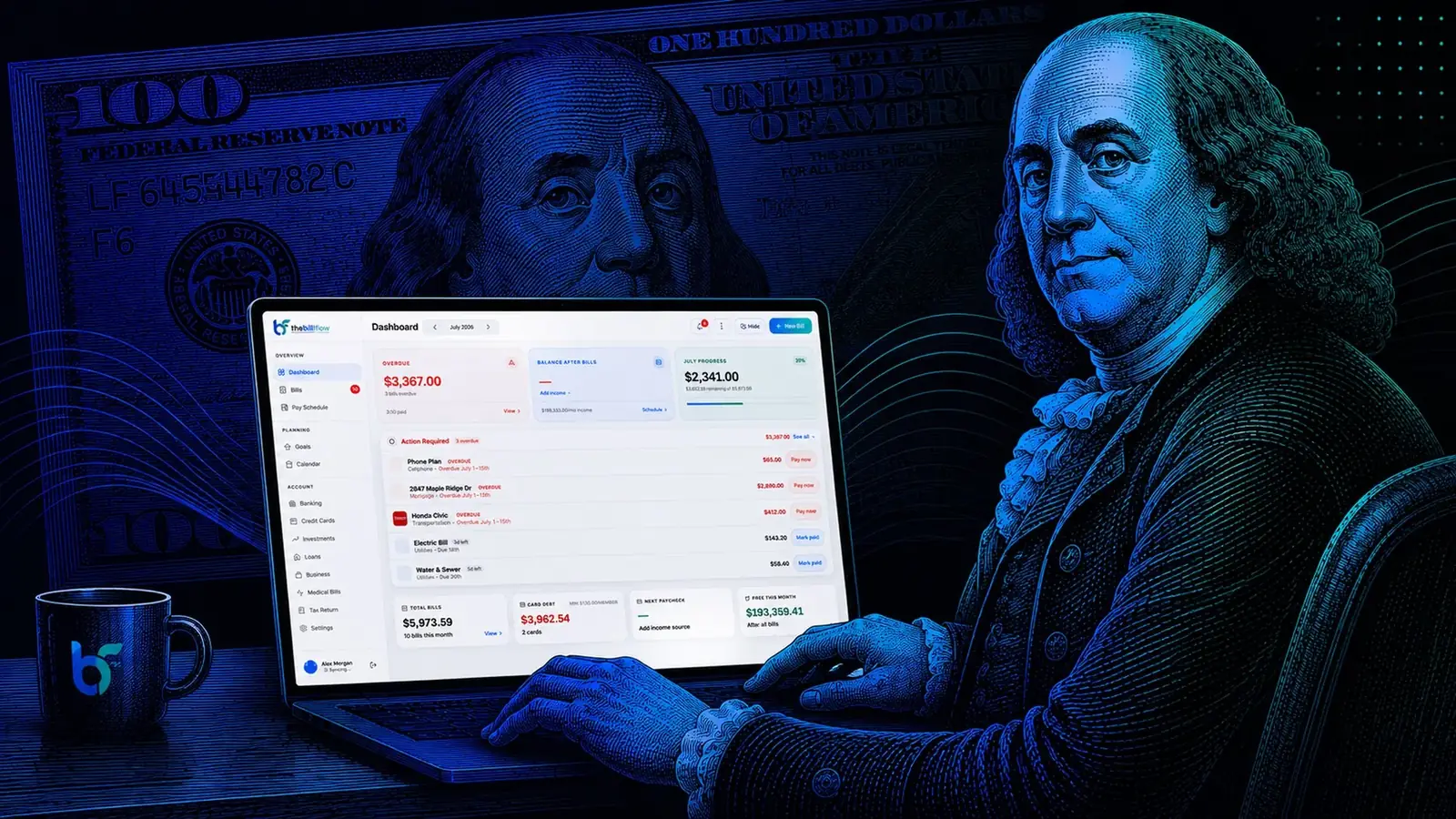 A person using the BillFlow dashboard on a laptop